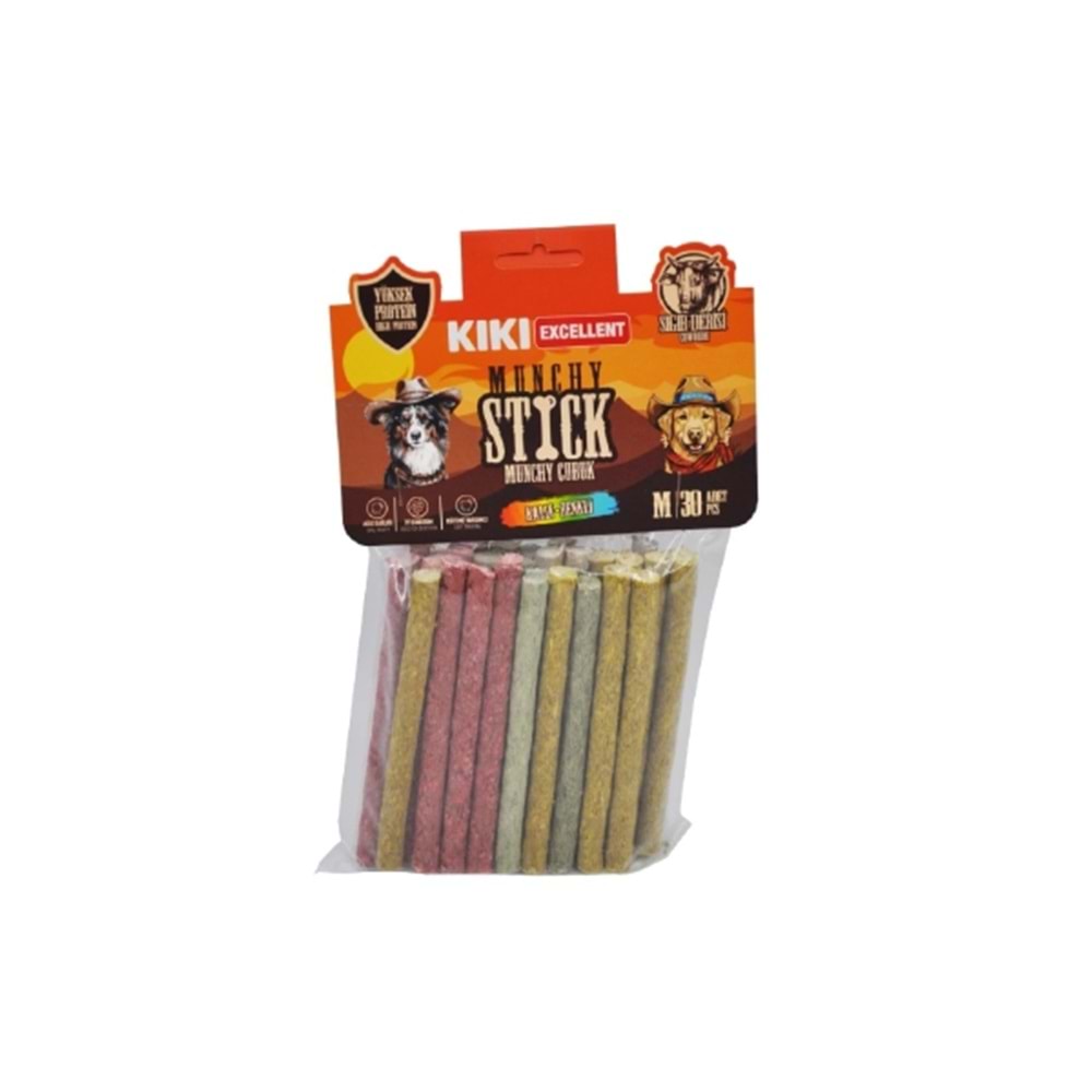 Kiki Excellent Sığır Derisinden Munchy Çubuk Kalın Renkli 30Lu Paket