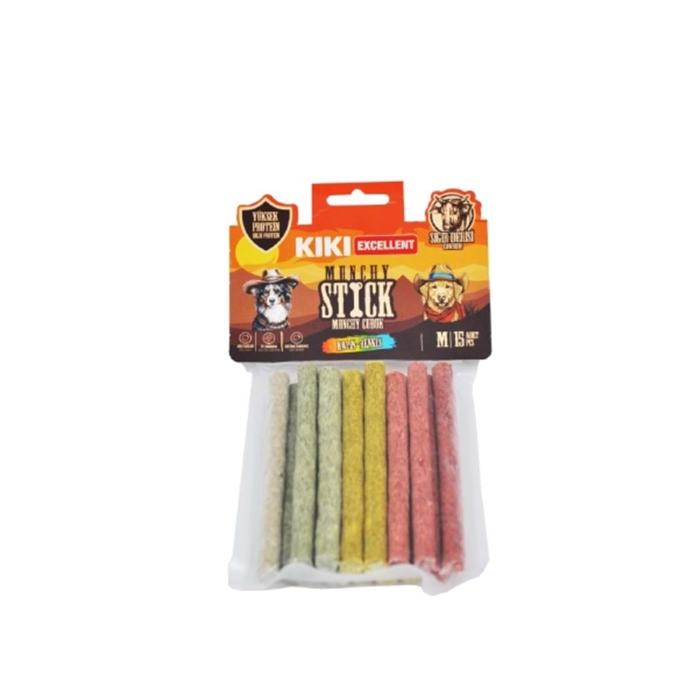 Kiki Excellent Sığır Derisinden Munchy Çubuk Kalın Renkli 15Li Paket